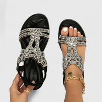 Damen Sandalen Verziertem Riemen Flacher Sohle - Schwarz