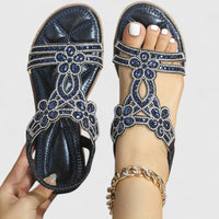 Damen Sandalen Verziertem Riemen Flacher Sohle - Blau