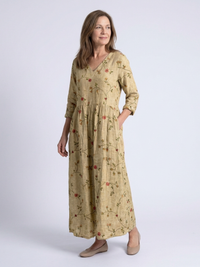 Marina | Floral V-Ausschnitt Maxikleid mit Dreiviertelärmeln - Gelb