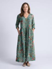 Marina | Floral V-Ausschnitt Maxikleid mit Dreiviertelärmeln - Grün
