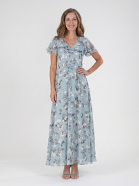Ismeria | Floral Chiffon Maxikleid - Himmelblau
