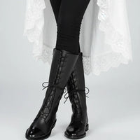Damen Stiefeletten Schnürstiefel aus Leder mit Niedrigem Absatz - Schwarz