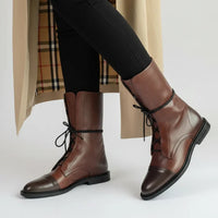 Damen Stiefeletten Schnürstiefel aus Leder mit Niedrigem Absatz - Braun