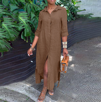Leinenkleid - Langärmliges, lockeres Maxikleid mit Knöpfen für den Sommer - Braun
