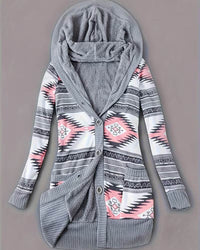 Emma | Gemusterte Kapuzen-Strickjacke für Damen - Grau Rosa