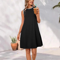 Damen Sommerkleid Kurz Rundhals Luftiges Mini Kleid - Schwarz