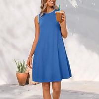 Damen Sommerkleid Kurz Rundhals Luftiges Mini Kleid - Königsblau
