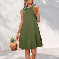 Damen Sommerkleid Kurz Rundhals Luftiges Mini Kleid - Armeegrün