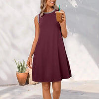 Damen Sommerkleid Kurz Rundhals Luftiges Mini Kleid - Weinrot