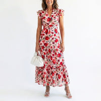 Sarah | Damen Elegant Rüschenärmeln Geblümtes Kleid - Rosa