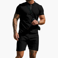 Herren-Poloshirt mit Seitentaschen und strukturierter Oberfläche - Schwarz
