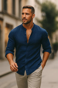 Jarle | Herren Leinen Langarmhemd - Blau