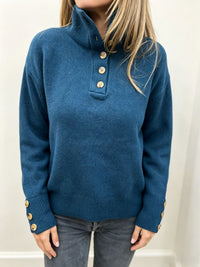 Maja | Damen Langarmpullover mit Knöpfen - Pfauenblau