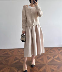 Damen Stylische, luftige 3/4-Arm Strickjacke und Midikleid Kombination Nord Taschen - Beige