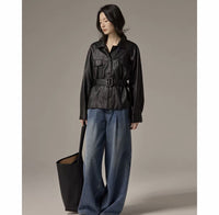 Damen Hemdjacke aus Lederoptik mit tailliertem Gürtel Nord Taschen - Schwarz