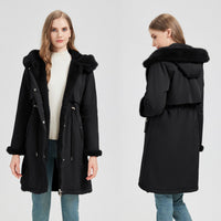 Damen langer Parka mit abnehmbarer Kapuze und taillenverstellbarem Kordelzug - Schwarz