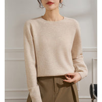 Damen Feiner Rundhals-Pullover aus Kaschmir-Mix mit gerippten Bündchen Nord Taschen - Teebeige