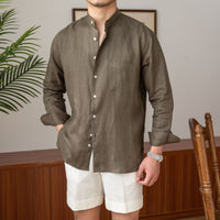 Herren Leinenhemd mit Stehkragen und Brusttasche Nord Taschen - Grün (Langarm)