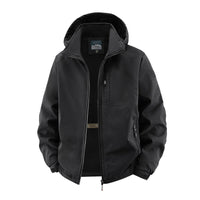 Herren Softshelljacke im Tactical-Stil mit versteckter Kapuze und Brusttasche - Schwarz