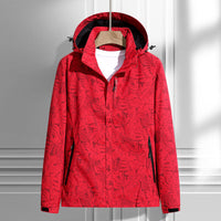 Damen leichte Regen- und Windjacke mit Kapuze und Blattmuster - Damen - Knallrot