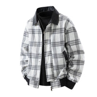 Herren karierte Overshirt-Jacke mit Kunstlederkragen und warmem Innenfutter - Weißgrau