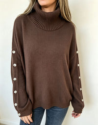 Mara | Damen Oversized Langarm-Turtleneck-Pullover mit Knöpfen - Kaffee
