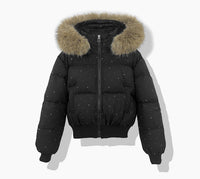 Damen kurzer gesteppter Blouson mit abnehmbarer Kapuze - Schwarz