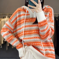 Damen Oversized Hoodie mit V-Ausschnitt und Kordelzug - Orange-Weiß