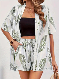Hana | Damen Kimono-Set Shorts Blumenmuster Sommer - Weiß