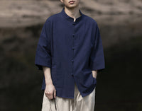 Herren Oversize Hemd im Kimono-Stil aus Leinen-Baumwollmix mit Stehkragen Nord Taschen - Dunkelblau