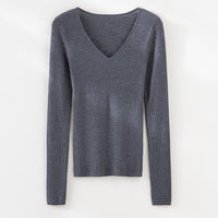 Damen Feiner gerippter Feinstrickpullover mit V-Ausschnitt und taillierter Silhouette Nord Taschen - Anthrazitgrau