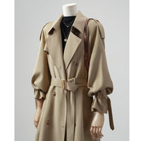 Damen Trenchcoat mit Ballonärmeln, doppelreihiger Schnitt und Taillengürtel Nord Taschen - Khaki