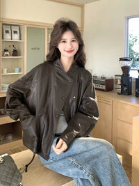 Damen Oversized Bikerjacke aus Kunstleder mit breitem Revers und voluminösen Ärmeln Nord Taschen - Kaffeebraun