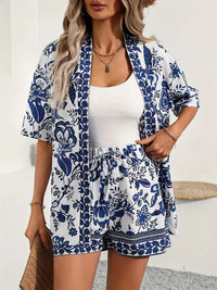 Hana | Damen Kimono-Set Shorts Blumenmuster Sommer - Marineblau