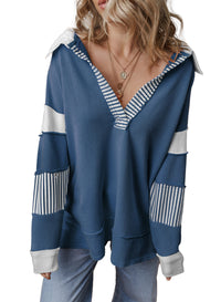 Damen Oversized V-Ausschnitt Gestreifter Sweatshirt - Marineblau