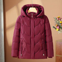 Damen gesteppte Thermo-Outdoorjacke mit Kapuze und Blumenstickerei - Rot