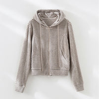 Damen Gestreifte Kapuzen-Zip-Strickjacke mit Eingrifftaschen und schmalem Rippbündchen Nord Taschen - Khaki Gestreiftes Top