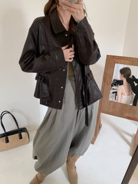 Damen Kurze Oversize-Lederjacke mit Taillenzug und Druckknopfleiste Nord Taschen - Kaffeebraun