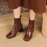 Damen Chunky Stiefeletten mit Strick-Einsatz und robustem Absatz - Dunkelbraun