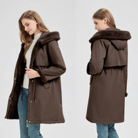 Damen langer Parka mit abnehmbarer Kapuze und taillenverstellbarem Kordelzug - Braun