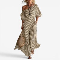 Inoni | Damen Off-Shoulder Gestreiftes Maxikleid - Grau Beige