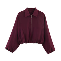 Damen Cropped Bomberjacke mit Ballonärmeln, elastischem Saum und Reverskragen Nord Taschen - Weinrot