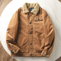 Herren gefütterte Cordjacke mit Teddykragen und Knopfleiste - Khaki