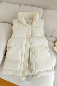 Damen wattierte Utility-Weste mit Stehkragen und großen Pattentaschen - Offwhite