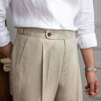 Herren Leinenhose mit hoher Taille, Bundfalten und verstellbarem Seitenriegel Nord Taschen - Khaki