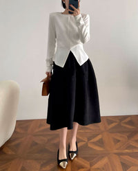 Damen Stylische, luftige 3/4-Arm Strickjacke und Midikleid Kombination Nord Taschen - Schwarz