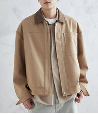 Herren Boxy-Zipjacke aus strukturiertem Baumwollmix mit Lederkragen und verdeckter Druckknopfblende Nord Taschen - Khaki