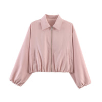 Damen Cropped Bomberjacke mit Ballonärmeln, elastischem Saum und Reverskragen Nord Taschen - Pink