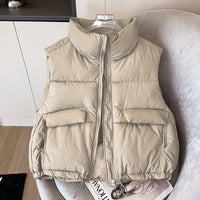 Damen kurze isolierende Steppweste mit Stehkragen und Kordelzugsaum - Khaki