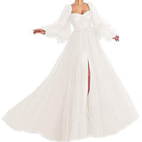Damen Tüll Abendkleid mit voluminösen Ärmeln und seitlichem Schlitz - Weiß